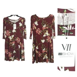 VIIshow Burgundy Floral Fit & Flare Dress